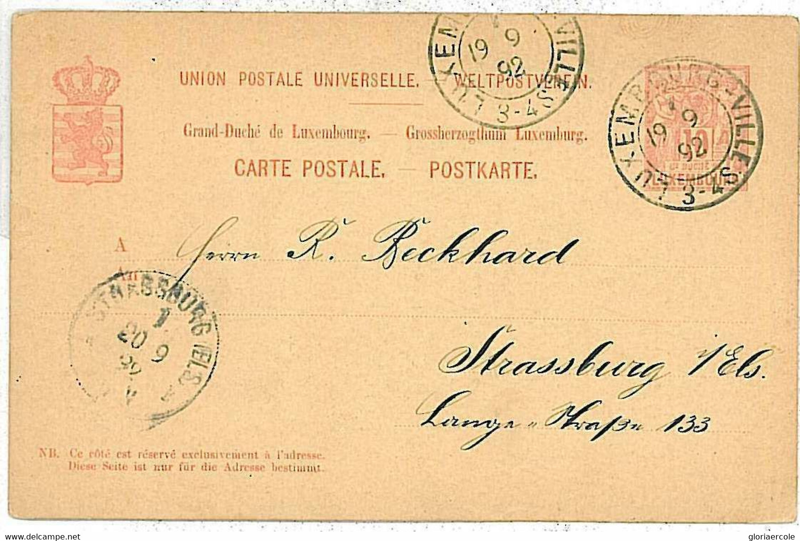 20644  - LUXEMBOURG   - POSTAL HISTORY  - POSTAL STATIONERY - LIONS 1892 - Fiscaux