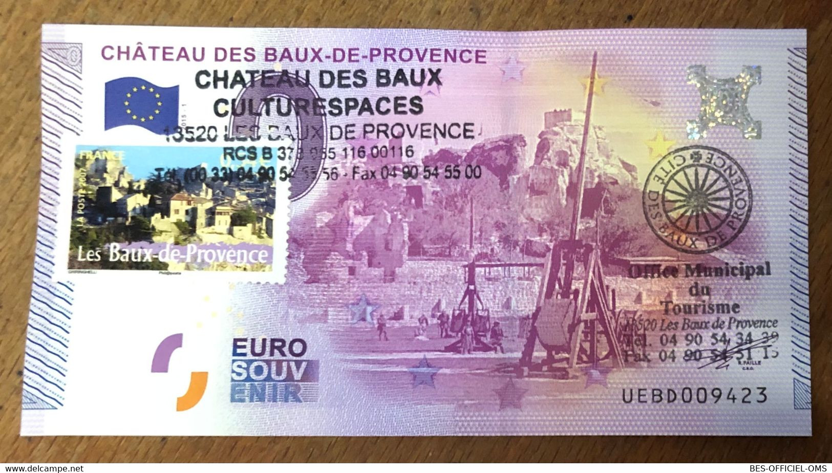 2015 BILLET 0 EURO SOUVENIR DPT 13 CHÂTEAU DES BAUX-DE-PROVENCE + TIMBRE ZERO 0 EURO SCHEIN BANKNOTE PAPER MONEY - Privatentwürfe