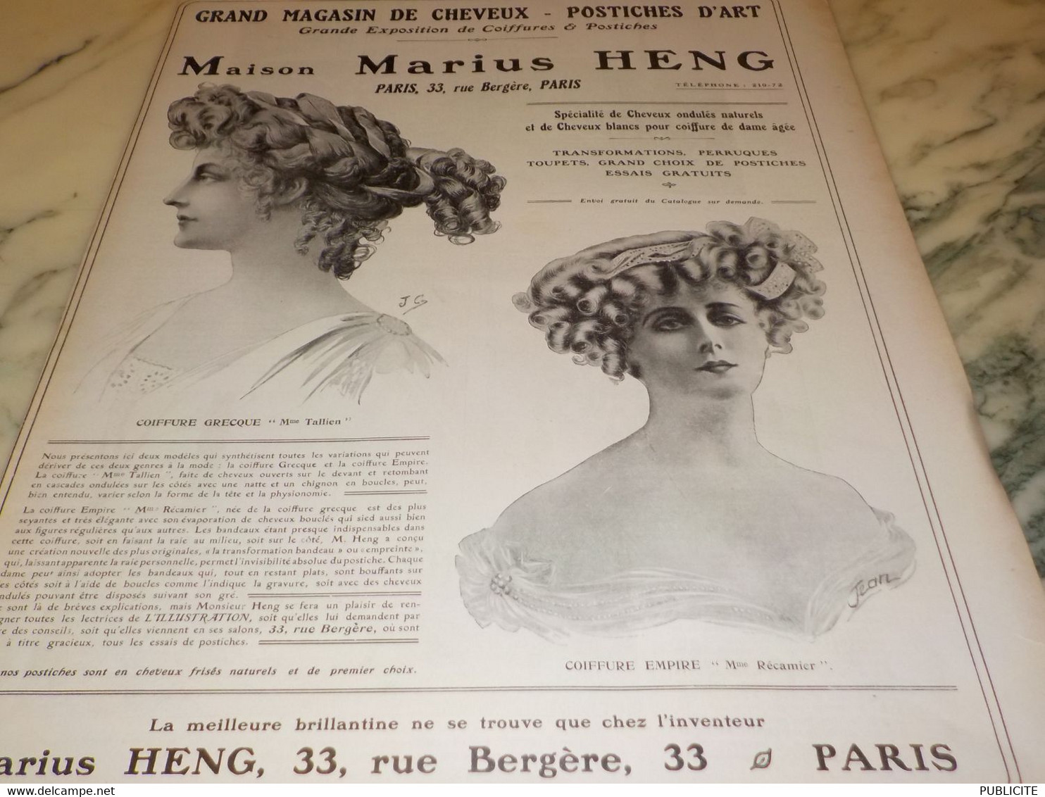 ANCIENNE PUBLICITE GRAND MAGASIN DE CHEVEUX DE MARIUS HENG 1909 - Accessoires