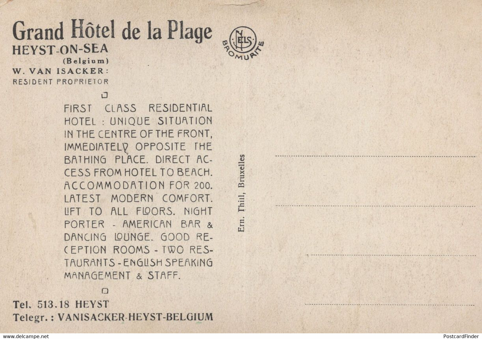 Grand Hotel De La Mer Plage Heyst On Sea Belgium Antique Postcard - Advertising