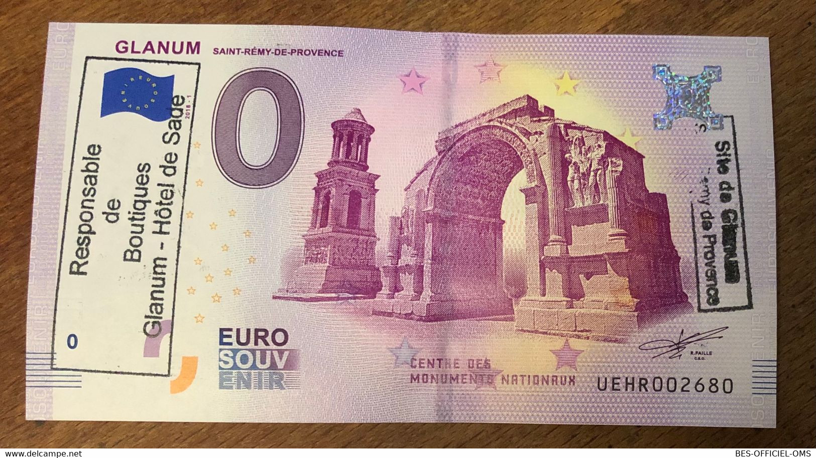 2018 BILLET 0 EURO SOUVENIR DPT 13 GLANUM + TAMPONS ZERO 0 EURO SCHEIN BANKNOTE PAPER MONEY BANK - Privatentwürfe