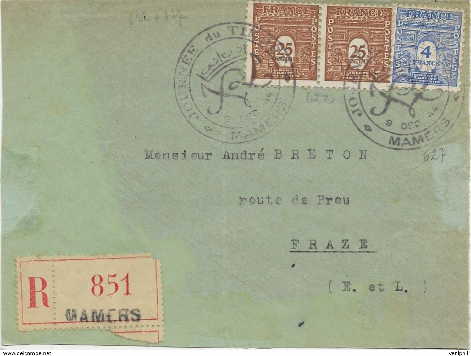 DEVANT DE LETTRE  JOURNEE DU TIMBRE AFFRANCHIE N° 622 PAIRE+ N°627   AVEC CACHET CONCORDANT MAMERS 9 DEC 1944 - Temporary Postmarks
