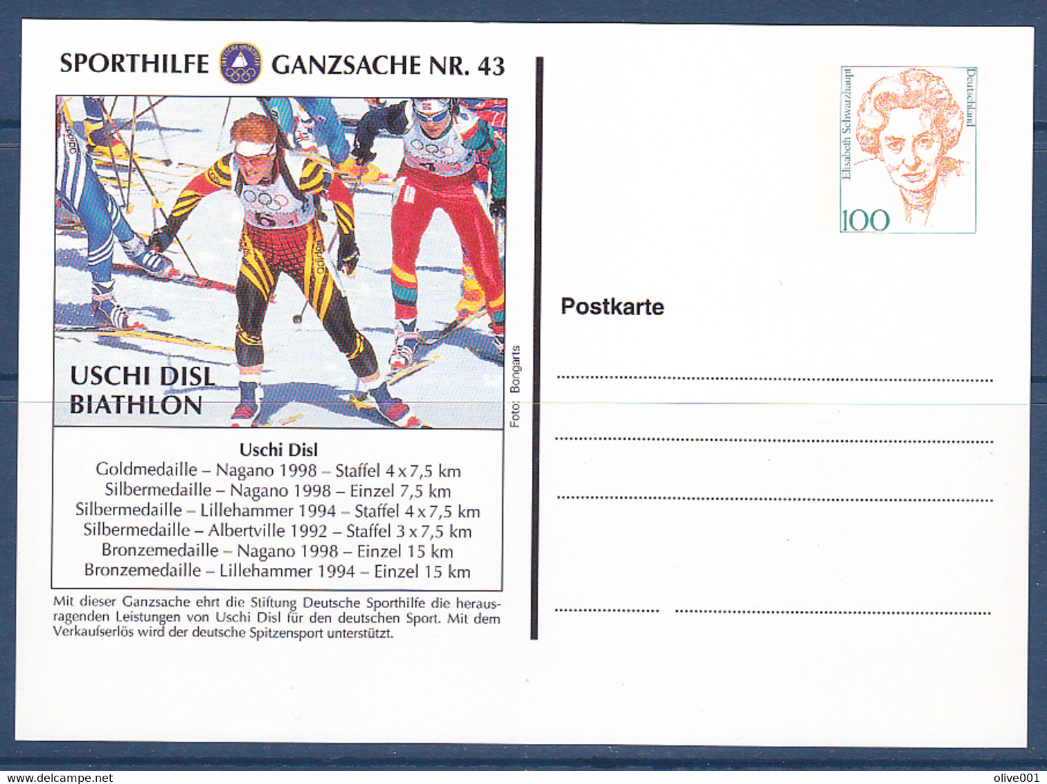 Timbres D'Allemagne, Médaillés Aux Jeux Olympique D'hiverUschi Disl Biathlon, 1 Entier Postal MNH ** à 50% - Invierno 1998: Nagano