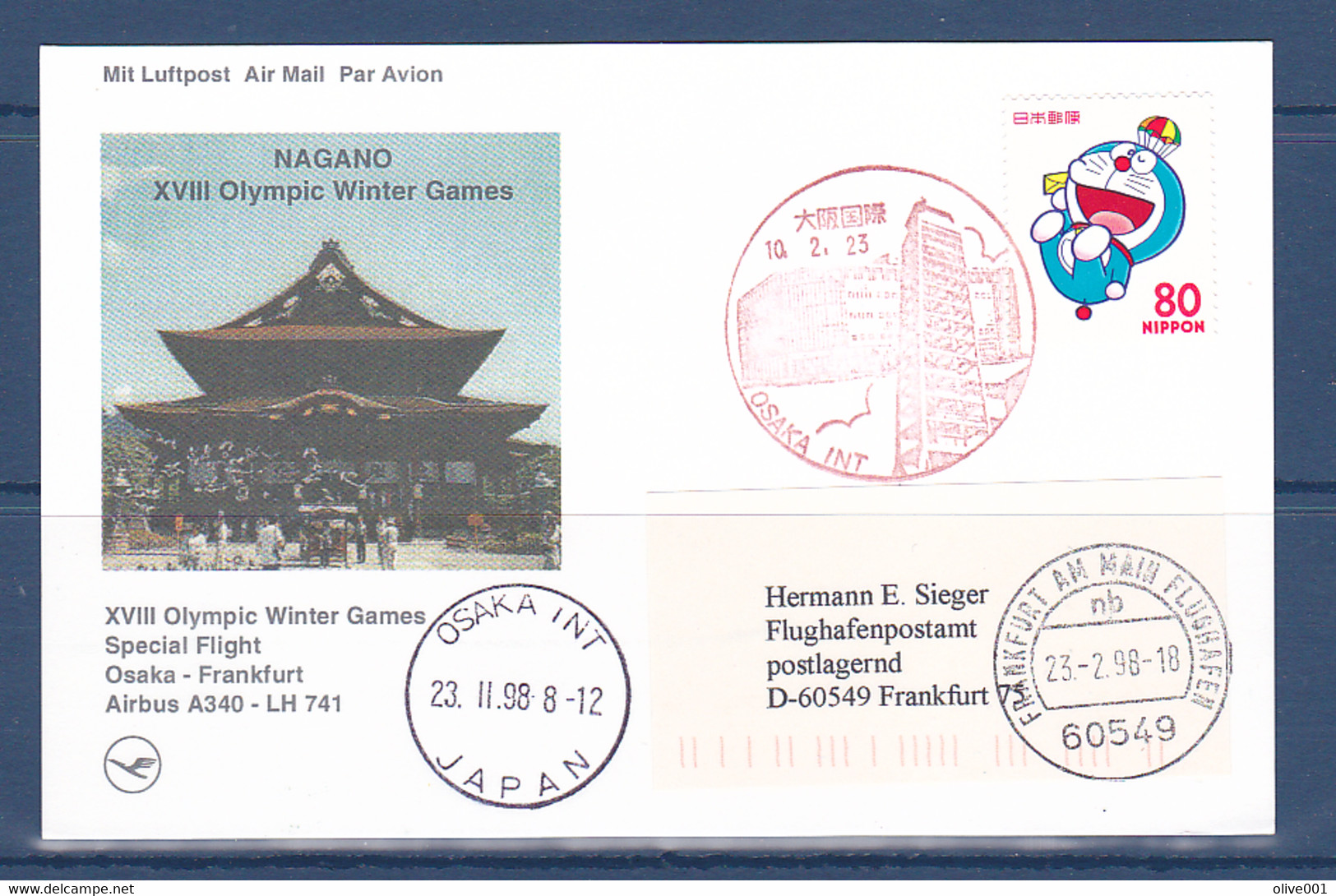 Timbres De Japon, Jeux Olympique D'hiver De Nagano Carte Circulé D'osaka à Frankfurt Allemagne  Oblitération à 50% - Winter 1998: Nagano