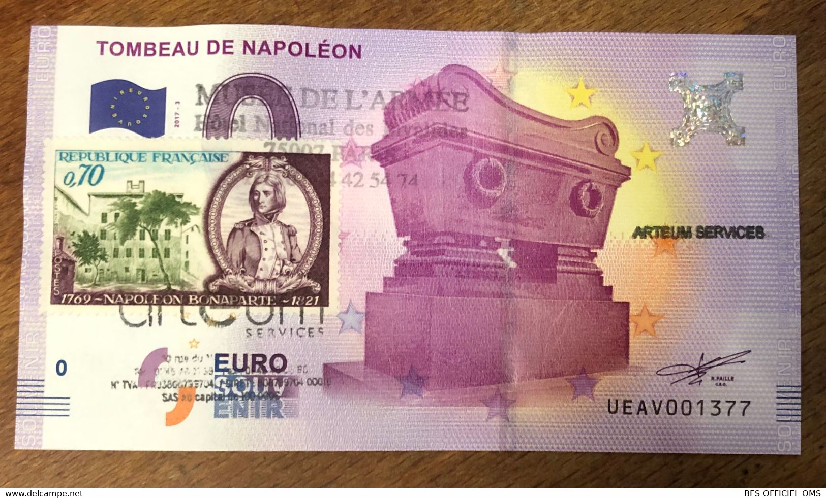 2017 BILLET 0 EURO SOUVENIR DPT 75 PARIS TOMBEAU DE NAPOLÉON + TIMBRE ZERO 0 EURO SCHEIN BANKNOTE MONEY BANK - Essais Privés / Non-officiels