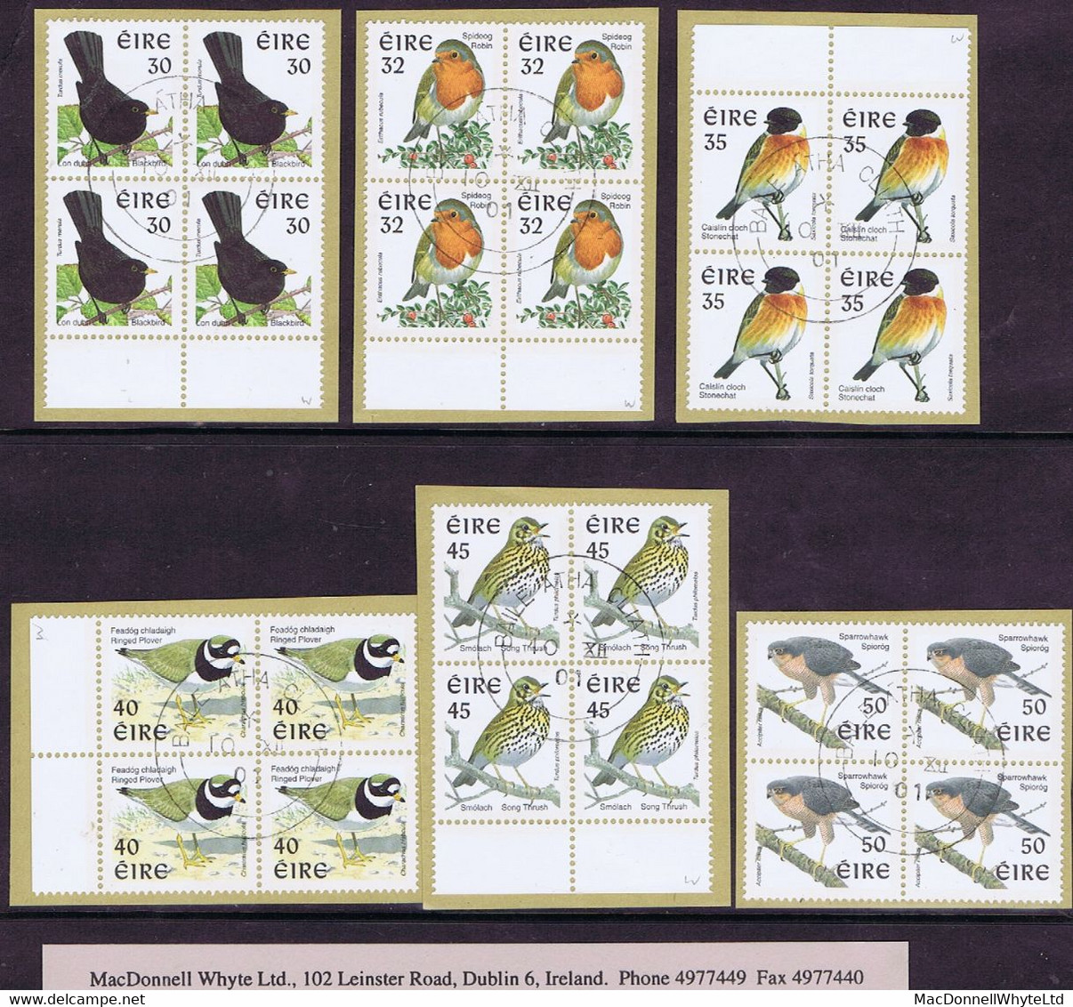 Ireland 1999 Birds Walsall Phosphor Printing, Set Of 6 In Marginal Blocks Of 4 Superb Used On Small Pieces Dublin Cds - Storia Postale