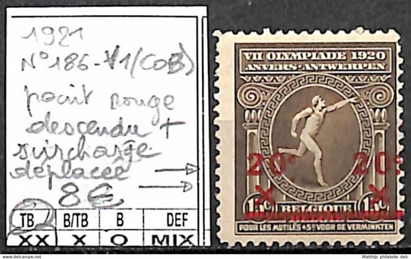 NB - [841995]TB//**/Mnh-Belgique 1921 - N° 186-V1(COB), Point Rouge Descendu + Surcharge Déplacée - Neufs