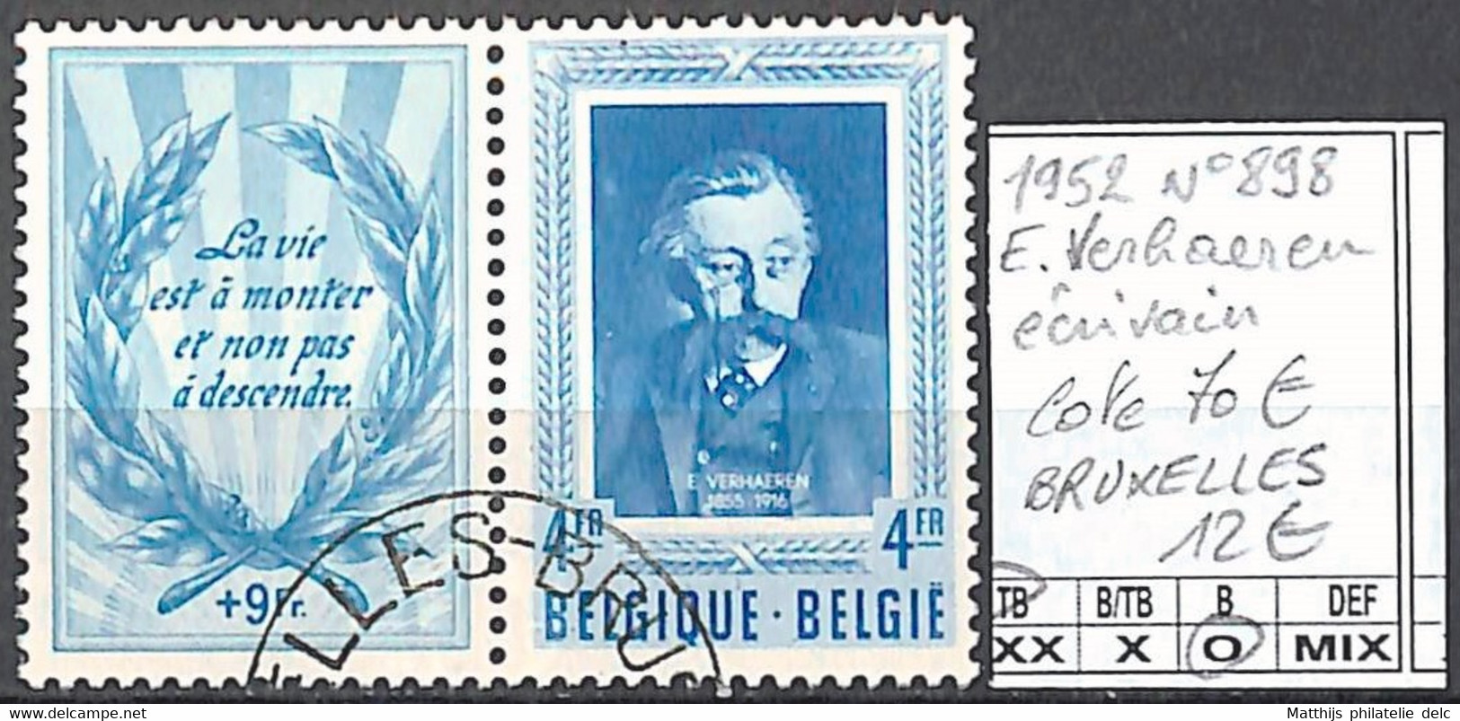 NB - [844752]TB//O/Used-c:70e-Belgique 1952 - N° 898, 4f+9f (vignette) E. Verhaeren, 'BRUXELLES', Ecrivains - Schriftsteller