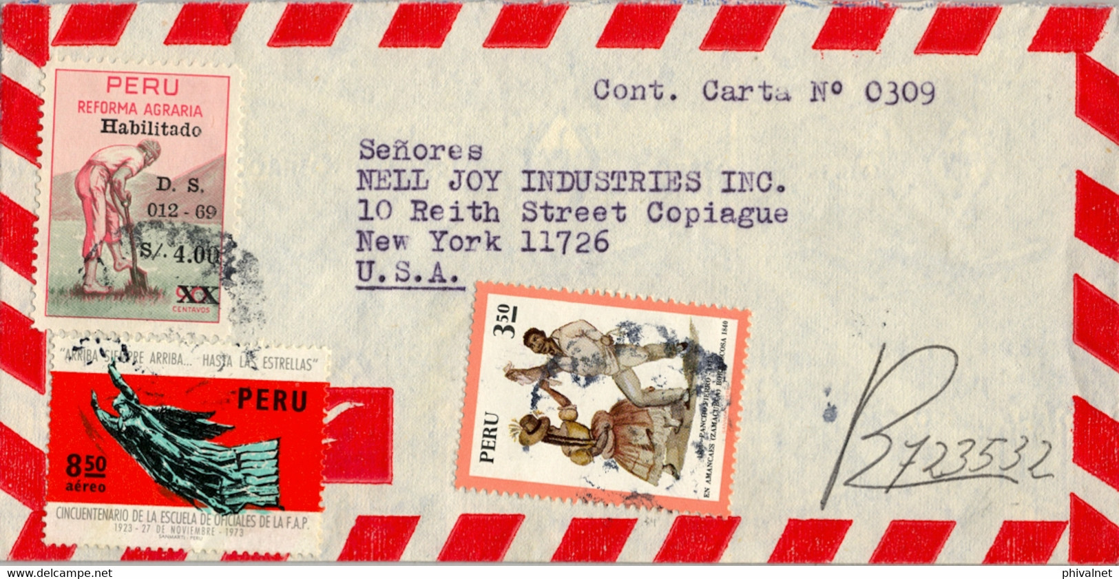 1974 , PERÚ , SOBRE CERTIFICADO A NEW YORK , CORREO AÉREO , LLEGADA - Peru