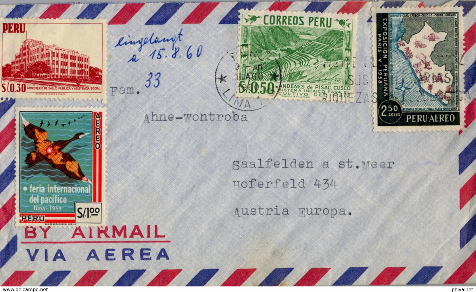 1960 PERÚ , SOBRE CIRCULADO , CORREO AÉREO , LIMA - SAALFELDEN - Peru