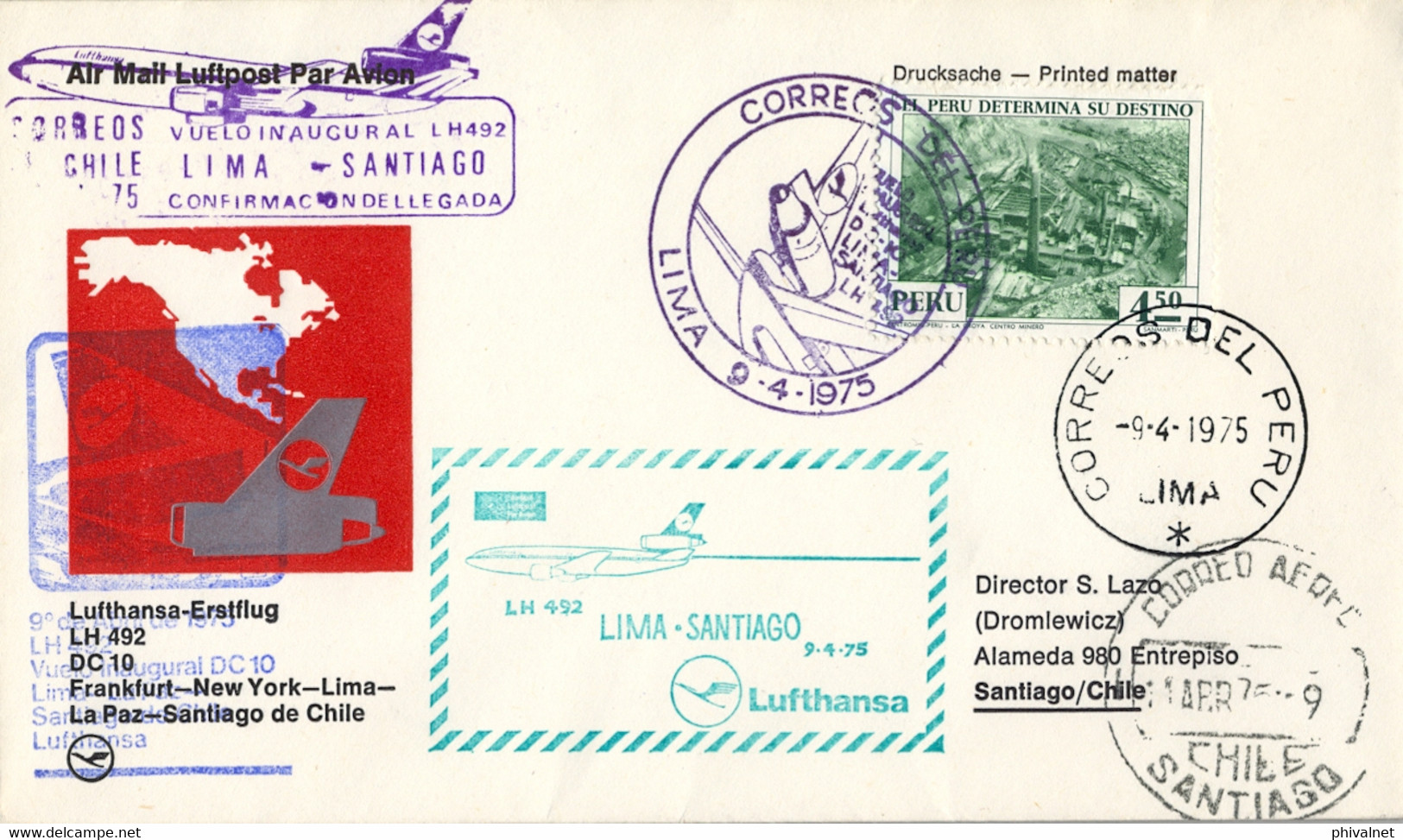 1975 PERÚ , PRIMER VUELO / FIRST FLIGHT , LIMA - SANTIAGO - Peru