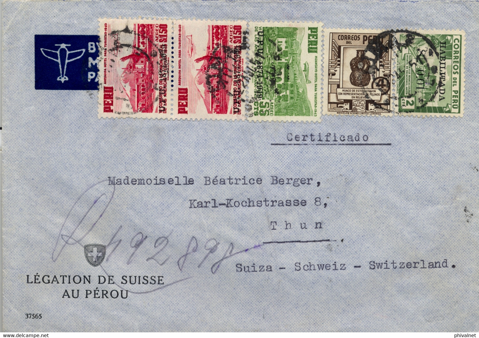 1951 PERÚ , SOBRE CERTIFICADO , CORREO CONSULAR , LIMA - THUN , LLEGADA AL DORSO - Peru