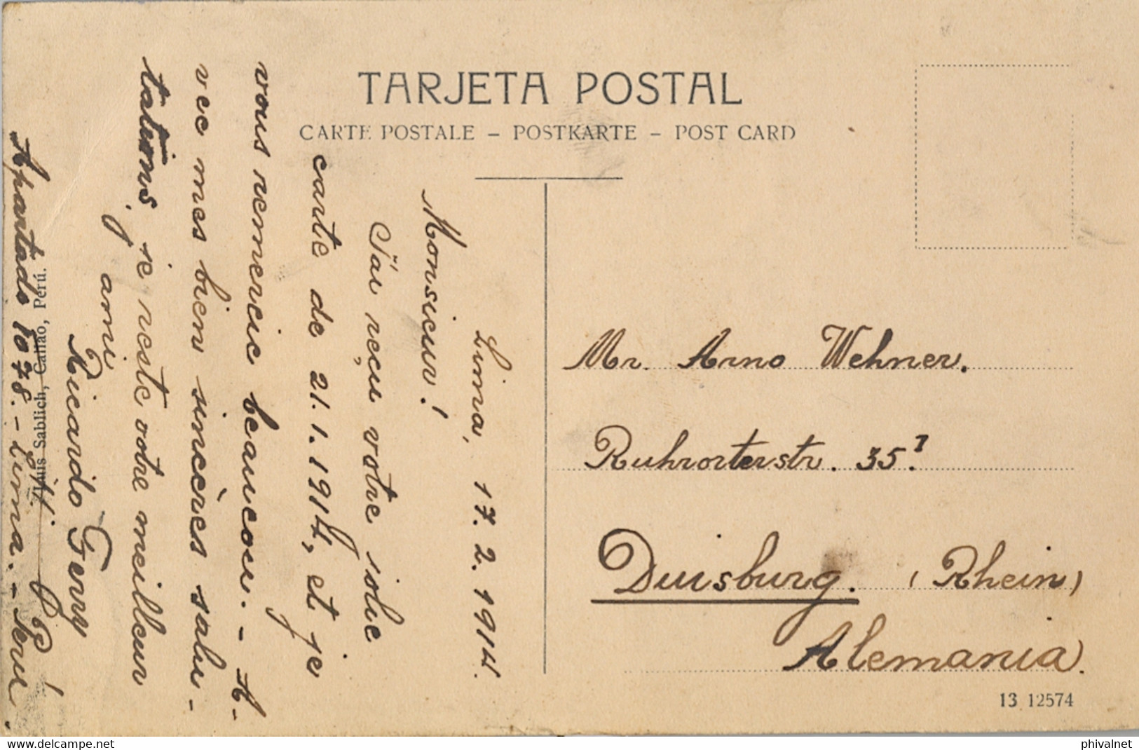 1914 PERÚ , T.P. CIRCULADA , LIMA - DUISBURG , LA VICUÑA , DPTO. DE PUNO - Peru