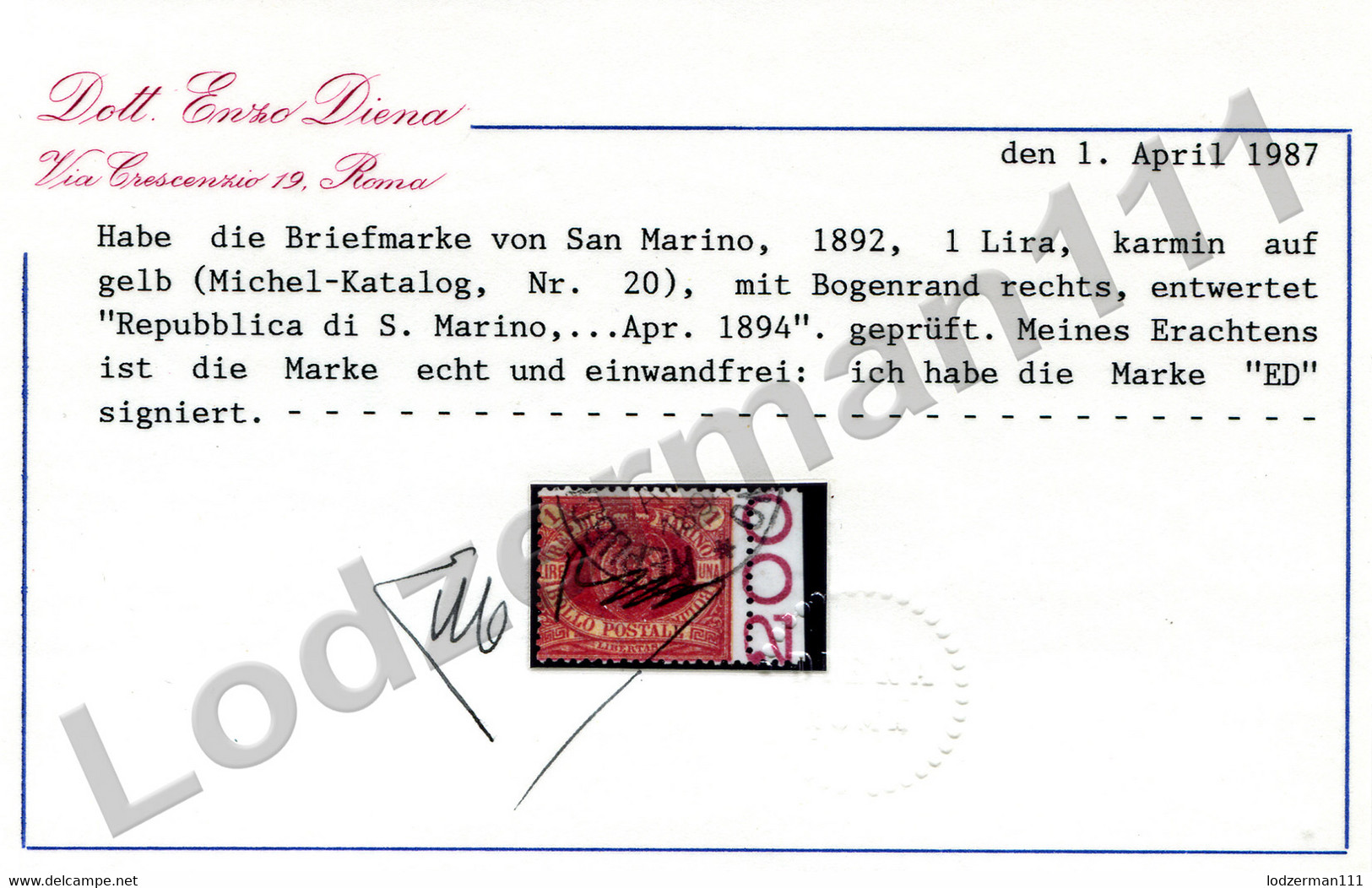 SAN MARINO 1892 - Yv.20 (Mi.20, Sc.21) Used (perfect) Certificate Diena - Usados