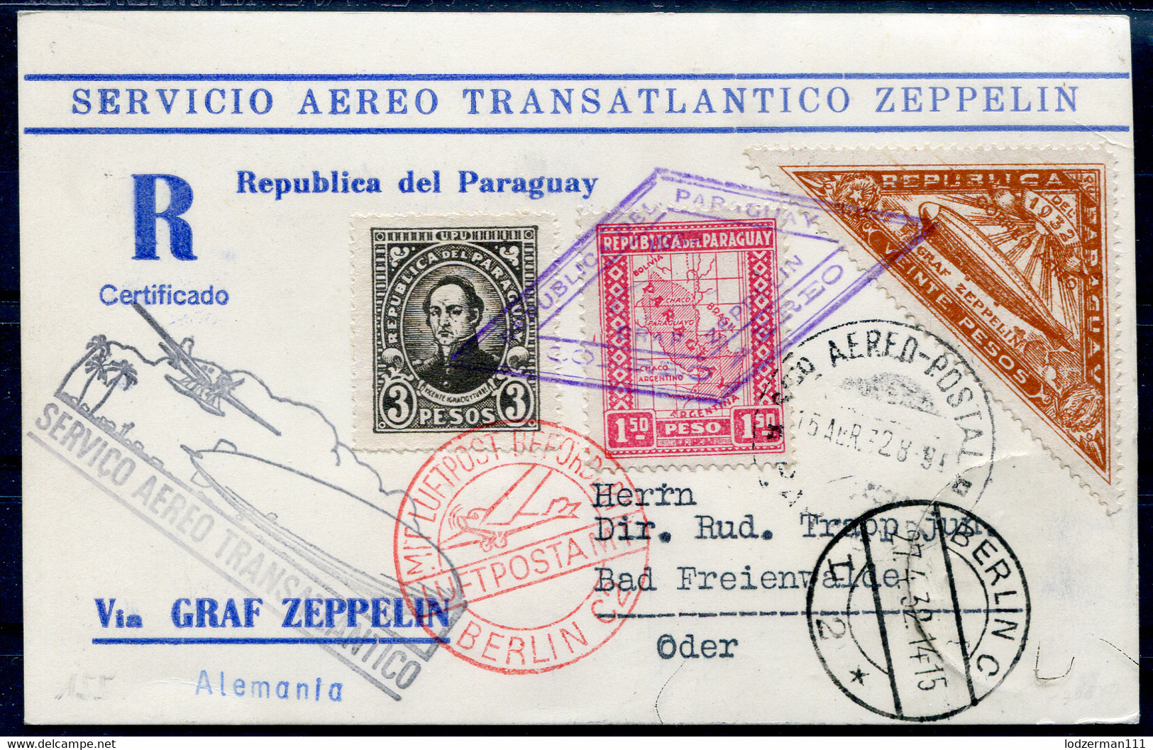 GRAF ZEPPELIN 1932 Registered From Paraguay To Bad Freienwalder Via Berlin - Zeppelins