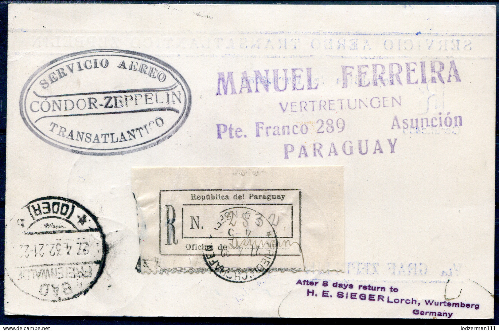 GRAF ZEPPELIN 1932 Registered From Paraguay To Bad Freienwalder Via Berlin - Zeppelins