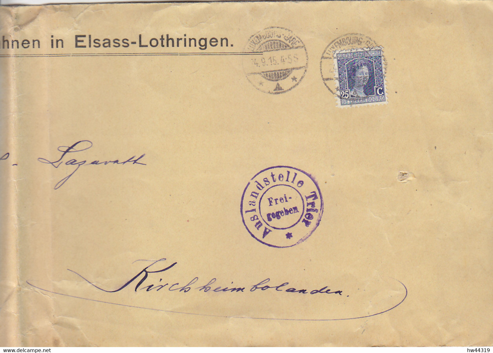 Sehr Grosser Brief Aus LUXEMBOURG-GARE 24.9.15 Nach Kirchheimbolanden / Zensur Auslandstselle Trier/ Reichseisenbahnen - 1914-24 Marie-Adélaïde