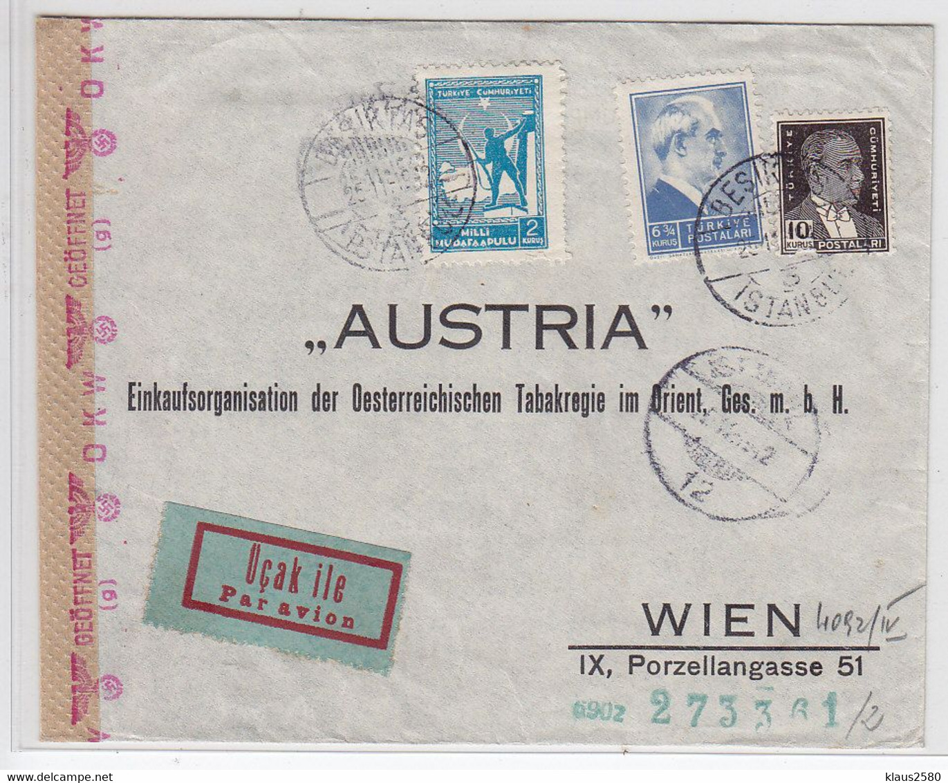 Türkei 1941 R-Brief Mit MIF+Zensur An Die Austria Tabak-Einkauf Wien - Lettres & Documents