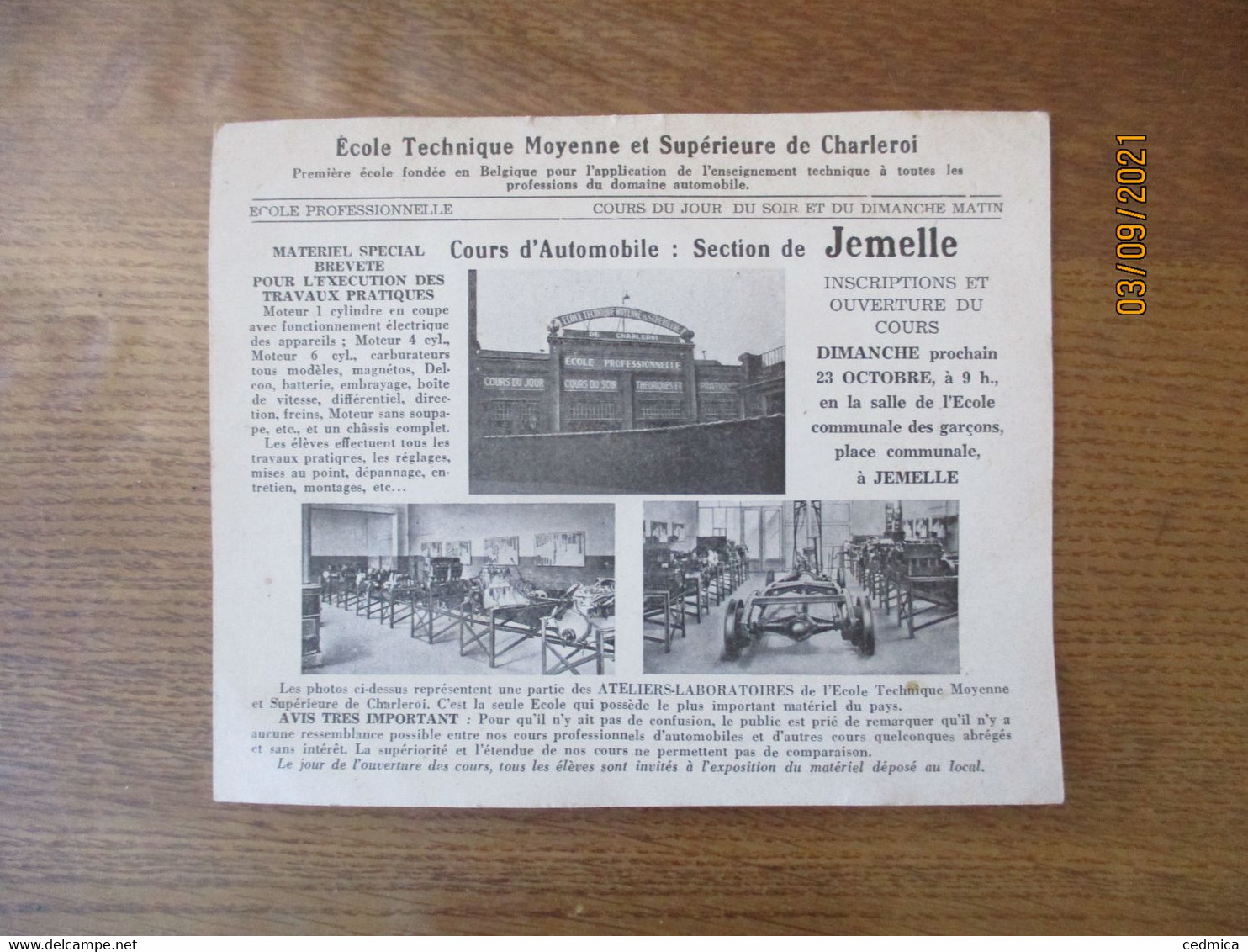 CHARLEROI 18 OCTOBRE 1938 ECOLE TECHNIQUE MOYENNE ET SUPERIEURE COURS D'AUTOMOBILE SECTION DE JEMELLE - Advertising