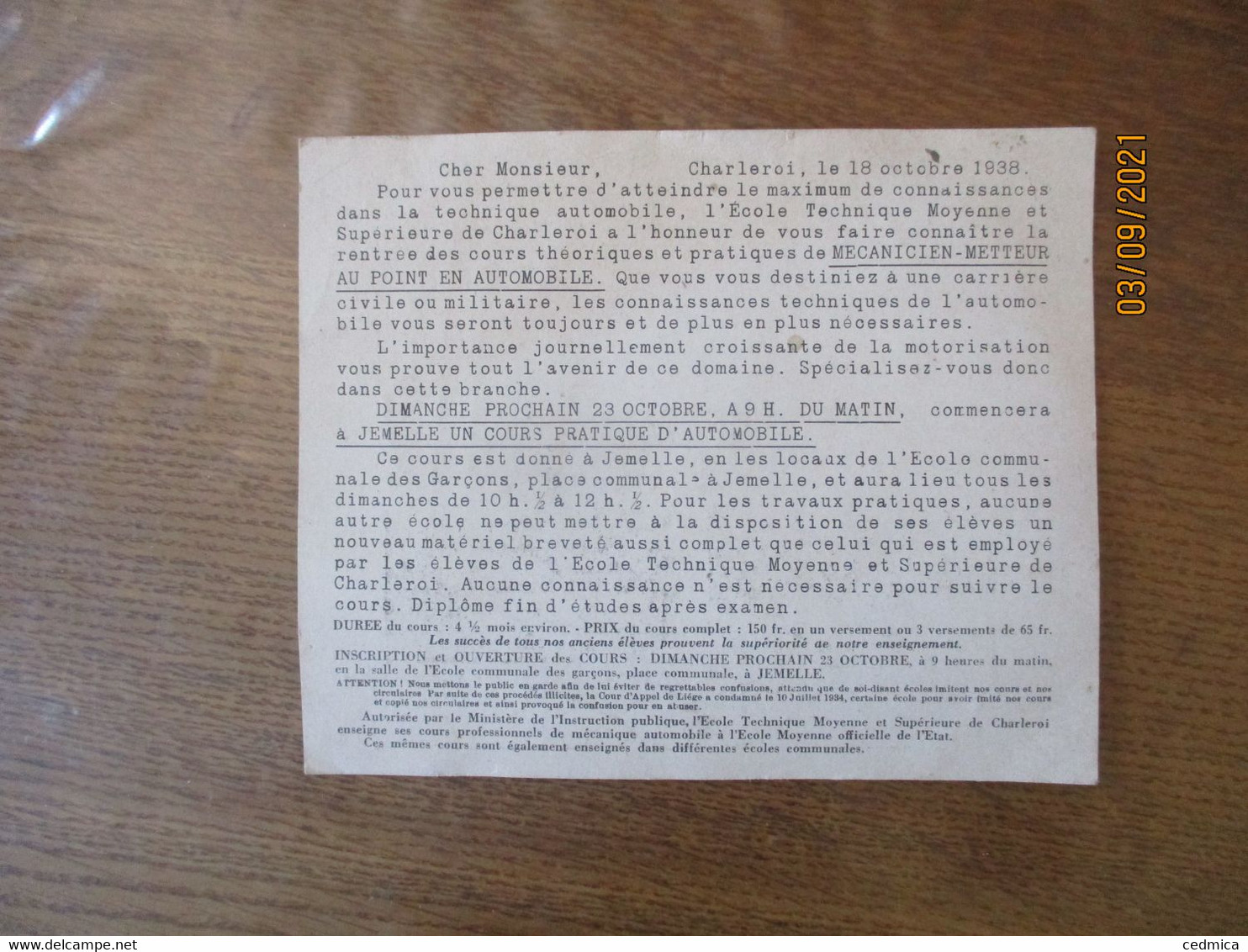 CHARLEROI 18 OCTOBRE 1938 ECOLE TECHNIQUE MOYENNE ET SUPERIEURE COURS D'AUTOMOBILE SECTION DE JEMELLE - Advertising