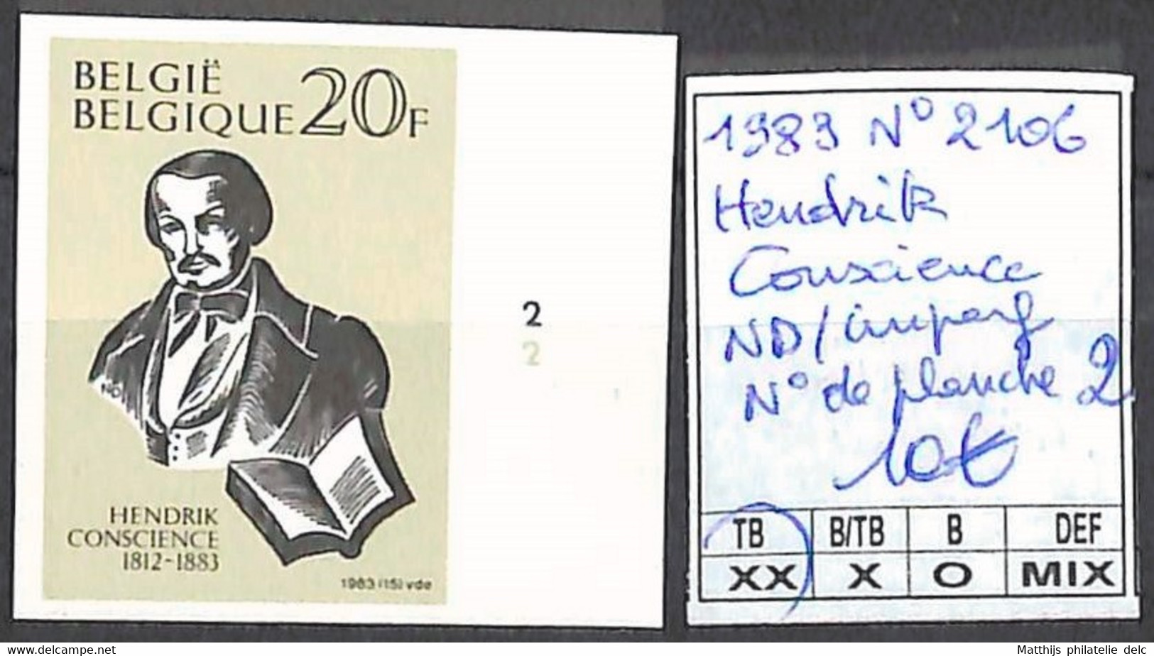 NB - [853824]TB//**/Mnh-Belgique 1983 - N° 2106, ND/Imperf, Hendrik Conscience, N° Planche 2, Personnalités - 2001-2010