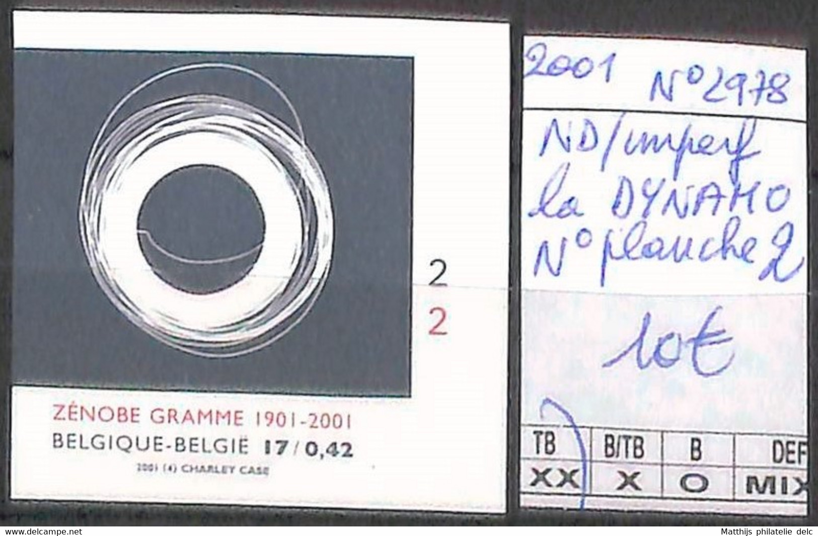 NB - [853991]TB//ND/Imperf-Belgique 2001 - N° 2978, ND/Imperf, La DYNAMO, N° Planche 2 - 2001-2010