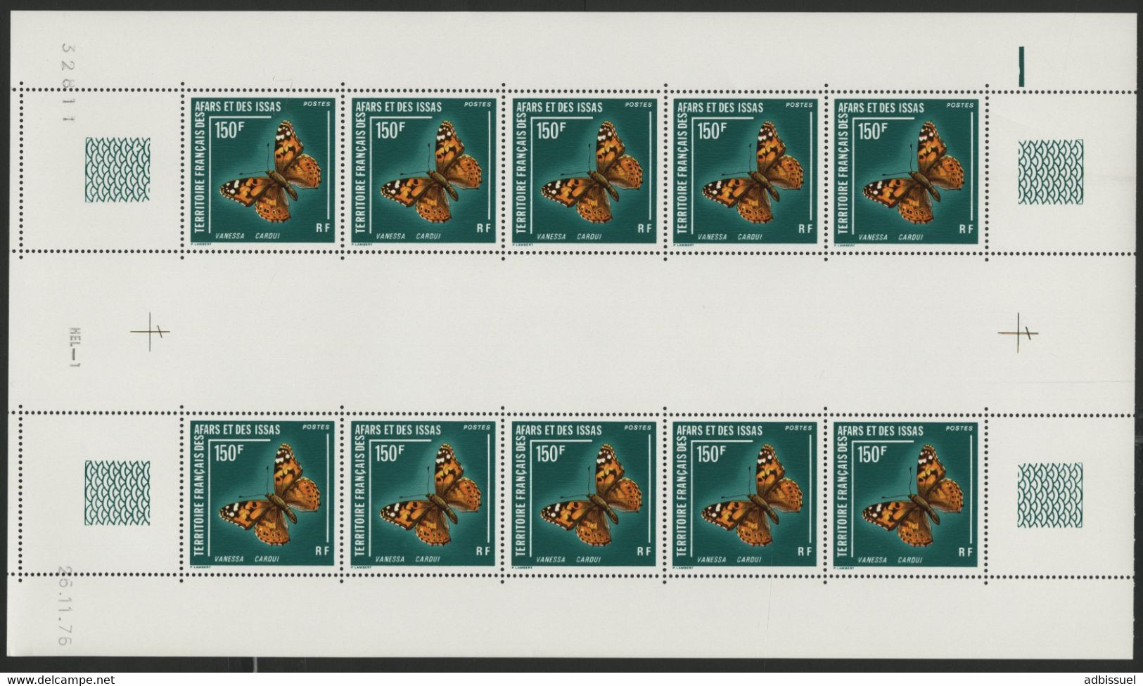 AFARS Et ISSAS COTE 150 € N° 439 MNH ** FEUILLE DE 10 Ex. PAPILLONS BUTTERFLY VANESSA CARDUI. TB/VG - Nuevos