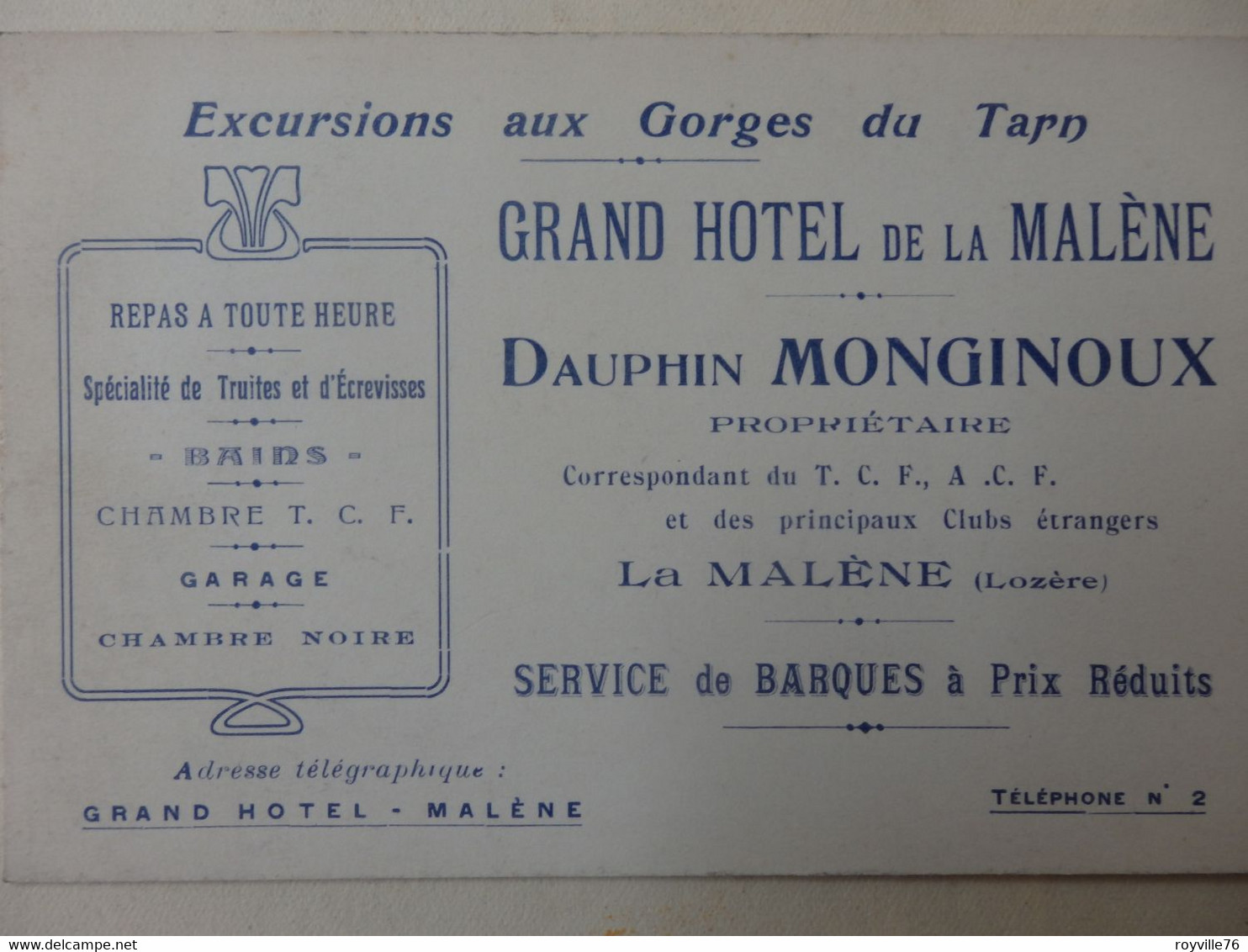 Carte De Visite Grand Hôtel De La Malène Dauphin Monginoux La Malène (Lozère). - Visiting Cards