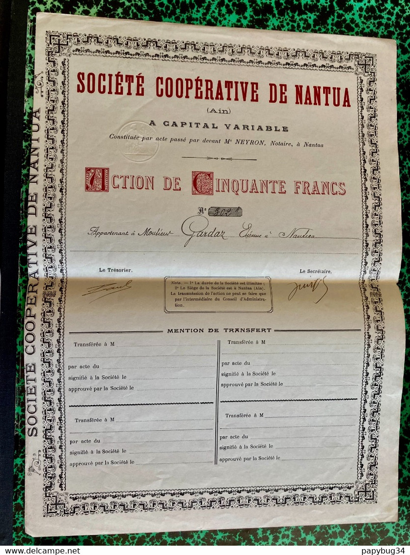 SOCIÉTÉ   COOPÉRATIVE  De  NANTUA  ( AIN ) ------------ Action  De  50 Frs - Agricultura