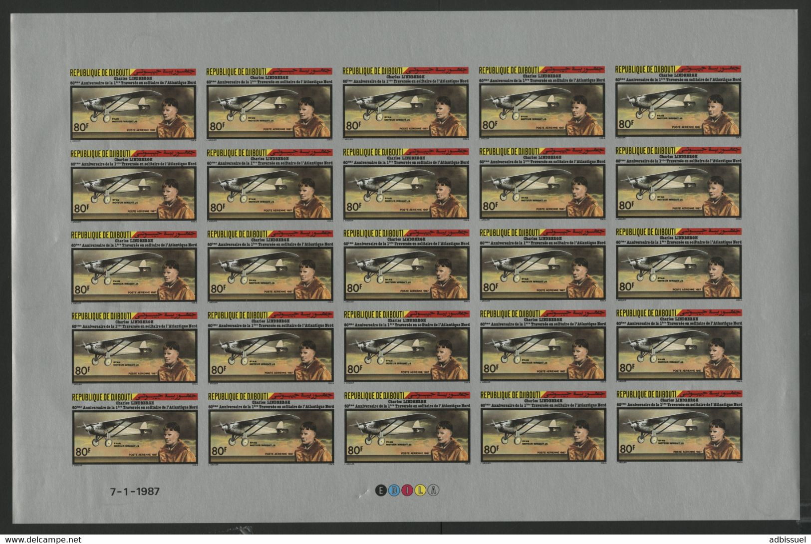 DJIBOUTI POSTE AERIENNE N° 234 FEUILLE De 25 Ex. Non Dentelés (imperforated) MNH ** LINDBERGH / RYAN, WRIGHT J5. TB/VG - Airplanes