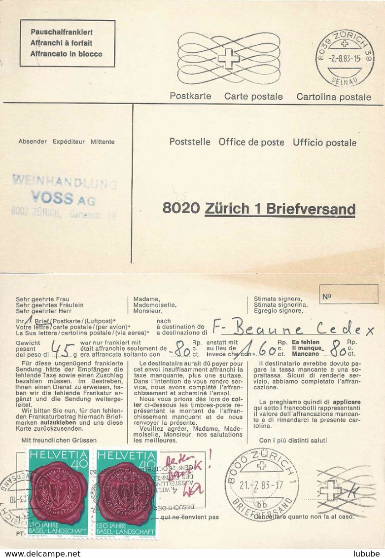 PTT Form 099.22  "Ungenügend Frankierte Sendung"  (Weinhandlung Voss, Zürich)        1983 - Briefe U. Dokumente