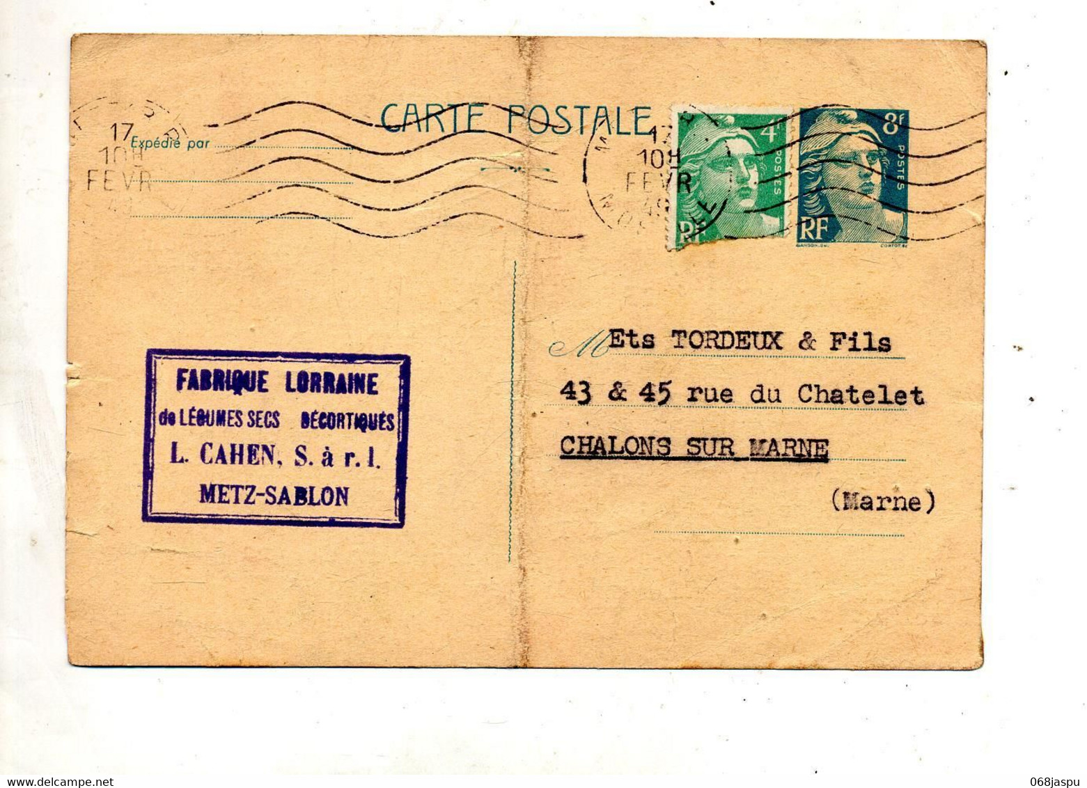 Carte Postale 8 F Gandon + Timbre Flamme Muette Metz Pli - Cartes Postales Types Et TSC (avant 1995)