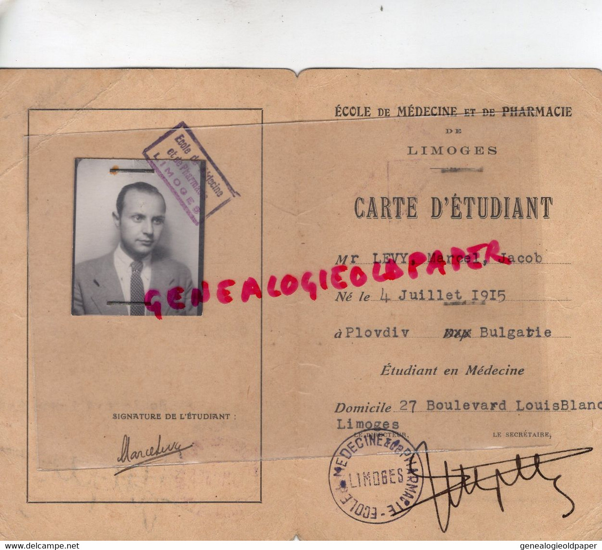 87- LIMOGES- CARTE ETUDIANT ECOLE MEDECINE ET PHARMACIE-1937-1938-LEVY MARCEL JACOB-NE 4 JUILLET 1915 PLODIV BULGARIE - Historical Documents