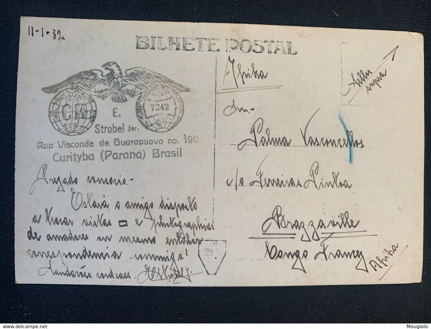 Carte Postale 11/02/1932 Brésil Vers Brazzaville Cascades Salto Iguassu ( San Martin) - Curitiba
