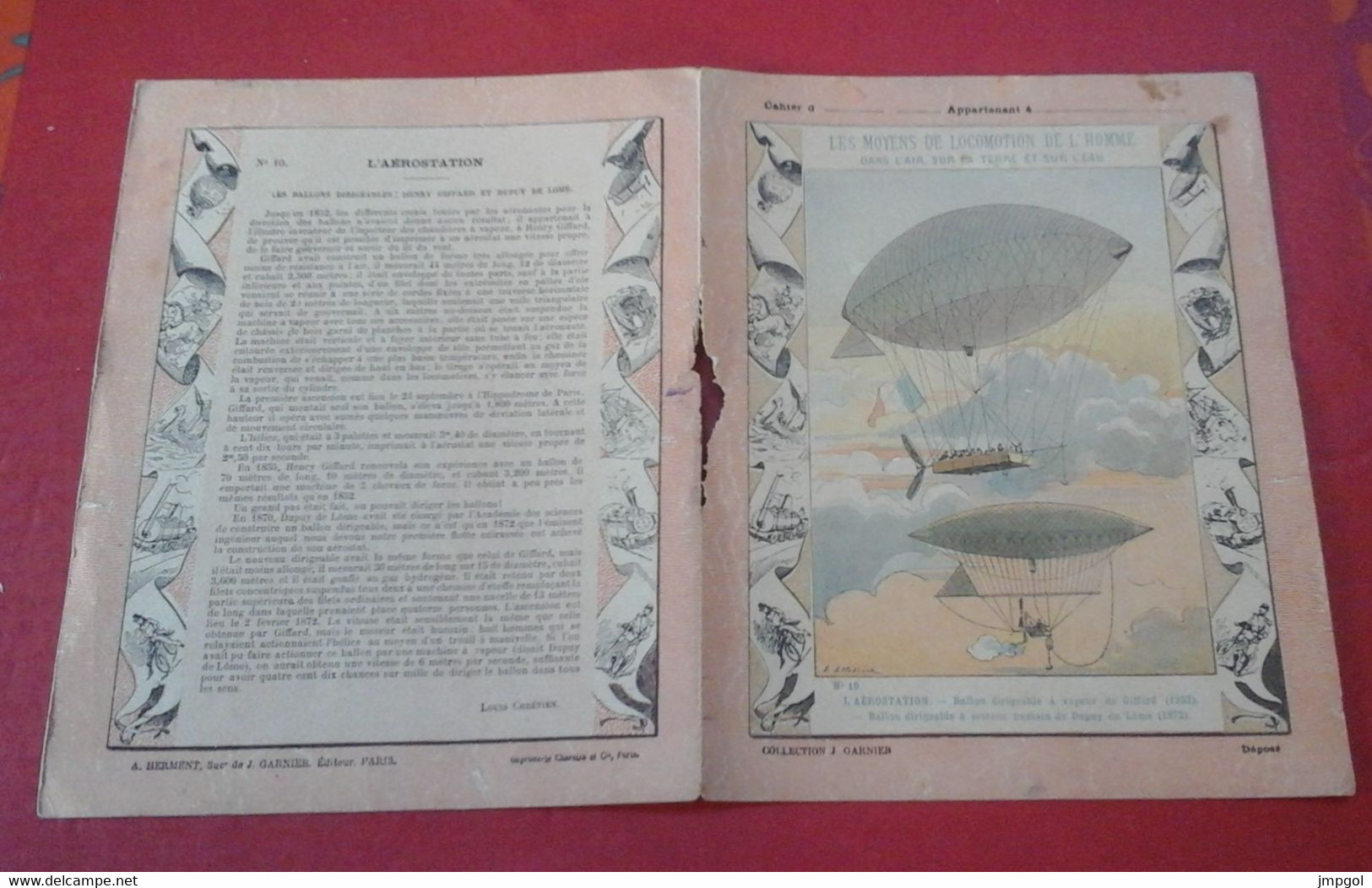 Couverture Cahier Collection Garnier Moyens Locomotion L'Aérostation N°10 Dirigeable Giffard 1852 Dupuy De Lôme 1872 - Protège-cahiers