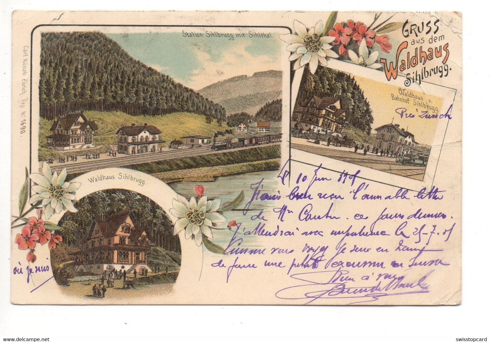 LITHO Gruss Aus Dem Waldhaus SIHLBRUGG Bahnhof Station Mit Bahn (Ecken Bestossen) - Wald