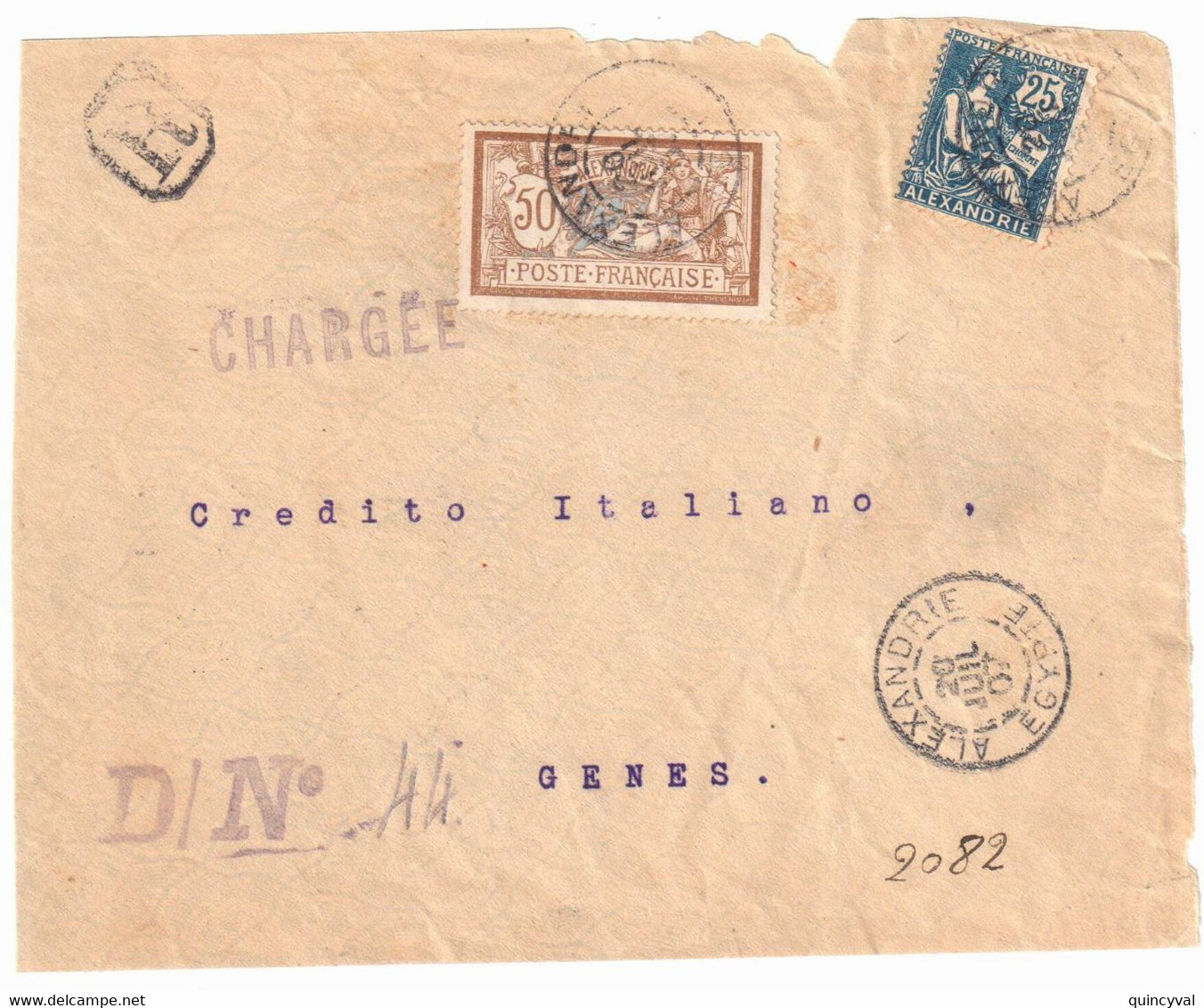 ALEXANDRIE Egypte Devant Lettre CHARGEE 25c Mouchon 50c Merson Yv 27 30 Dest GENES Italie - Briefe U. Dokumente