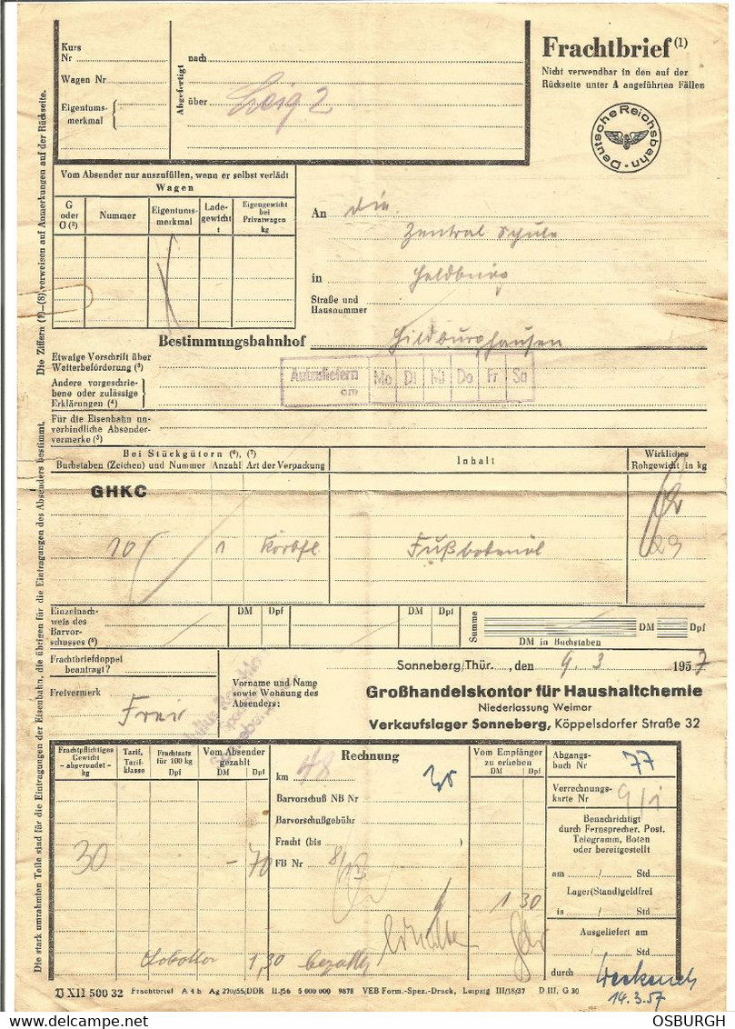 (B) GERMANY. 1957. RAIL FREIGHT DOCUMENT / FRACHTBRIEF. DEUTSCHE REICHBAHN. - Trasporti