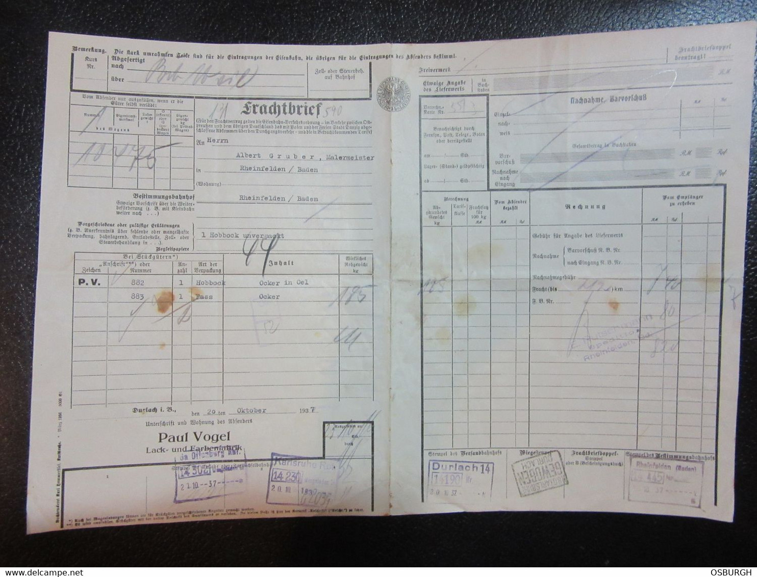 GERMANY. 1937. RAILWAY FREIGHT DOCUMENT. DEUTSCHSREICHBAHN. KARLSRUHE TO RHEINFELDEN. - Trasporti