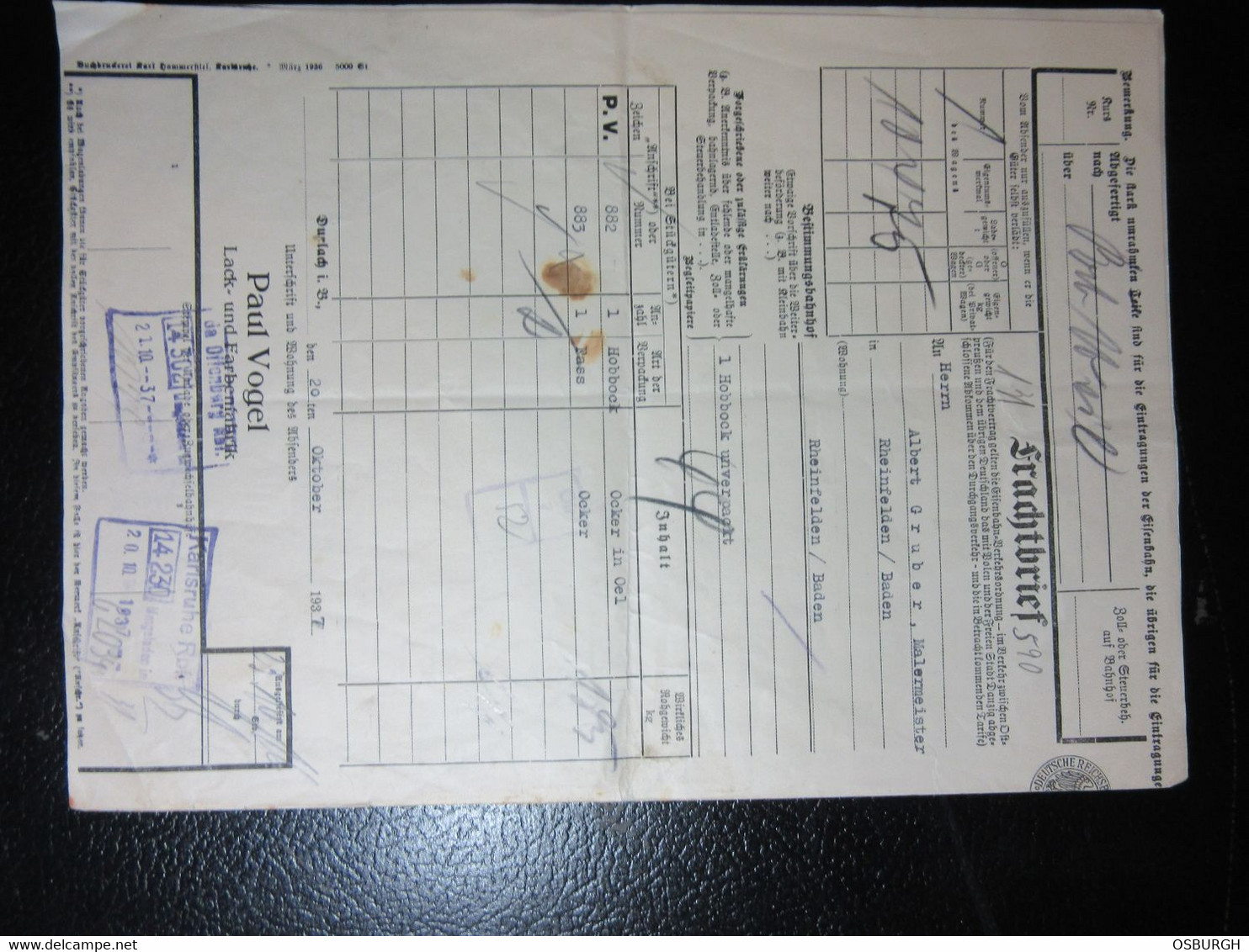 GERMANY. 1937. RAILWAY FREIGHT DOCUMENT. DEUTSCHSREICHBAHN. KARLSRUHE TO RHEINFELDEN. - Verkehr & Transport