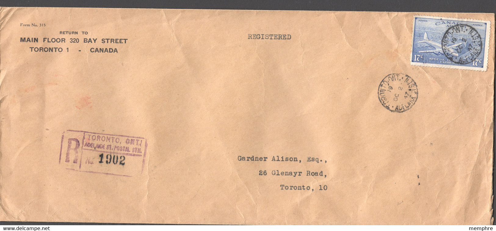 1947 Toronto Local  Registered Letter  CE4 Single Franking - Briefe U. Dokumente
