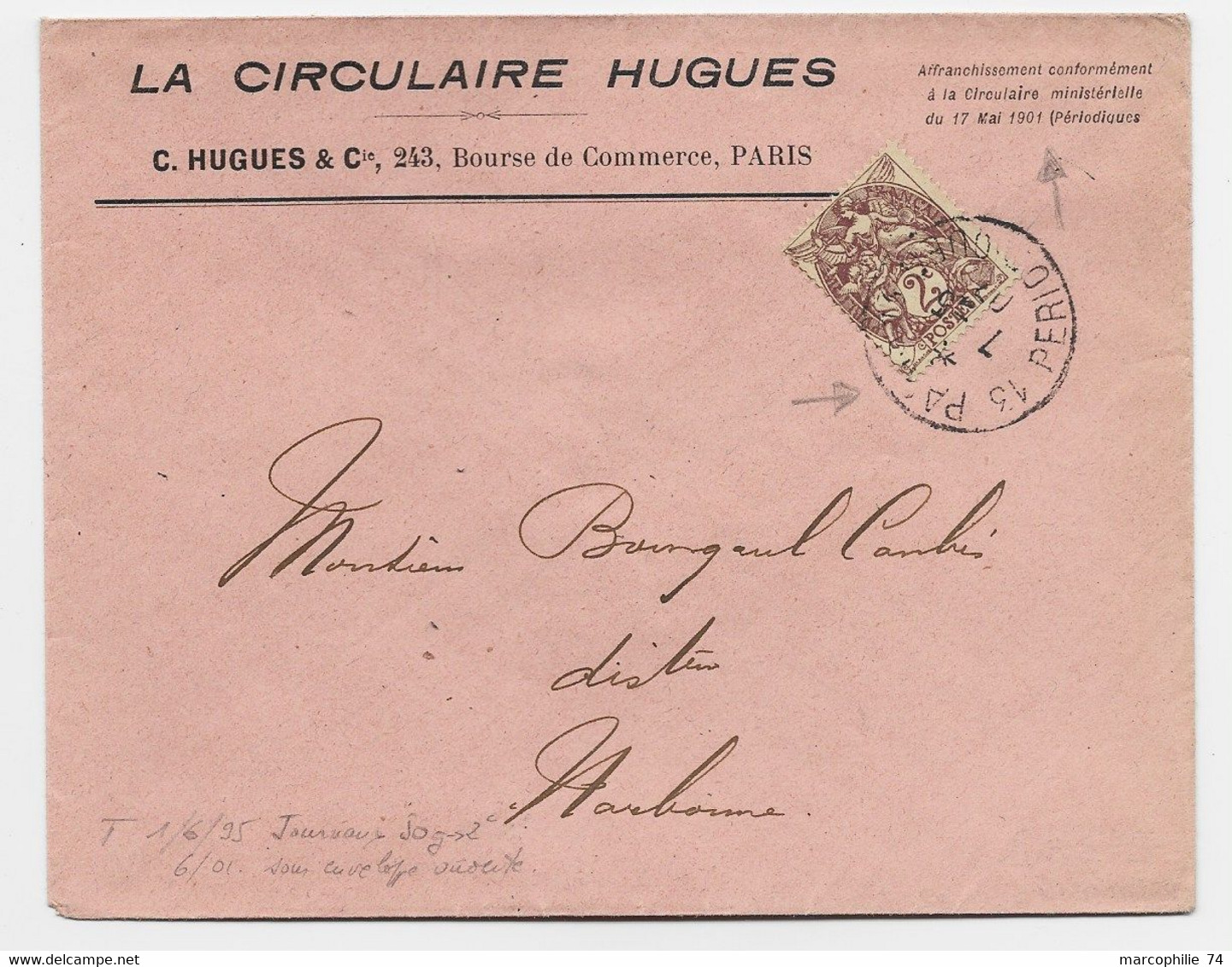 FRANCE BLANC 2C SEUL ENVELOPPE MENTION CIRCULAIRE MINISTERELLE DU 17 MAIU1901 TIMBRE A DATE PARIS 13 PERIODIQUE RARE - 1900-29 Blanc