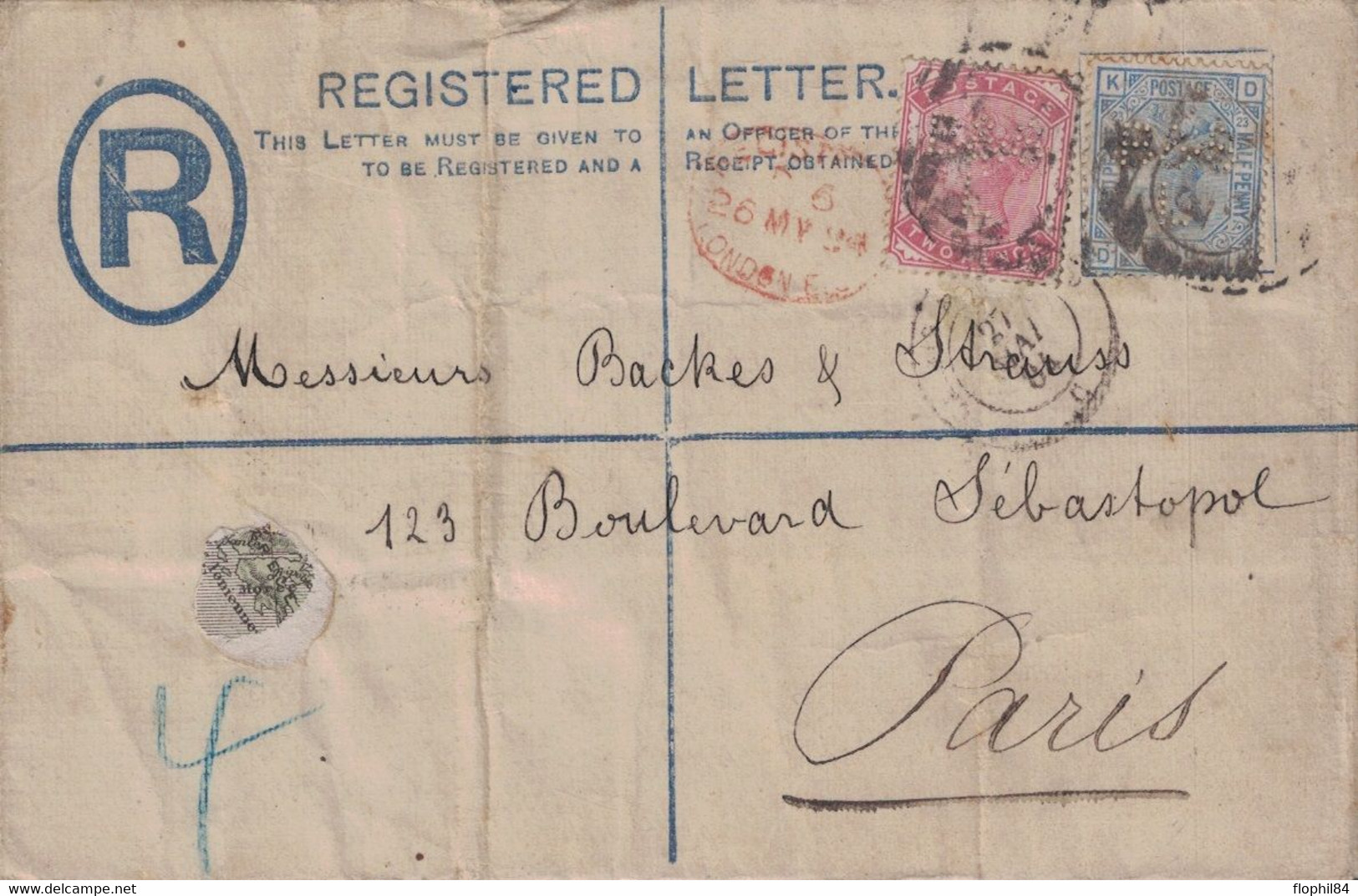 GRANDE BRETAGNE - LETTRE RECOMMANDEE DE LONDRES POUR PARIS - PERFORATION - PERFIN - B.&.S.L. - 27-5-1884. - Perfins