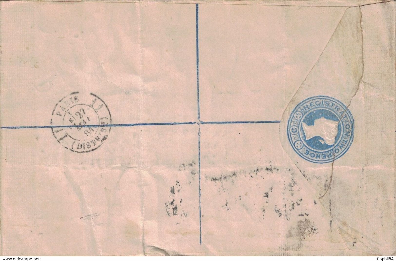 GRANDE BRETAGNE - LETTRE RECOMMANDEE DE LONDRES POUR PARIS - PERFORATION - PERFIN - B.&.S.L. - 27-5-1884. - Perfins