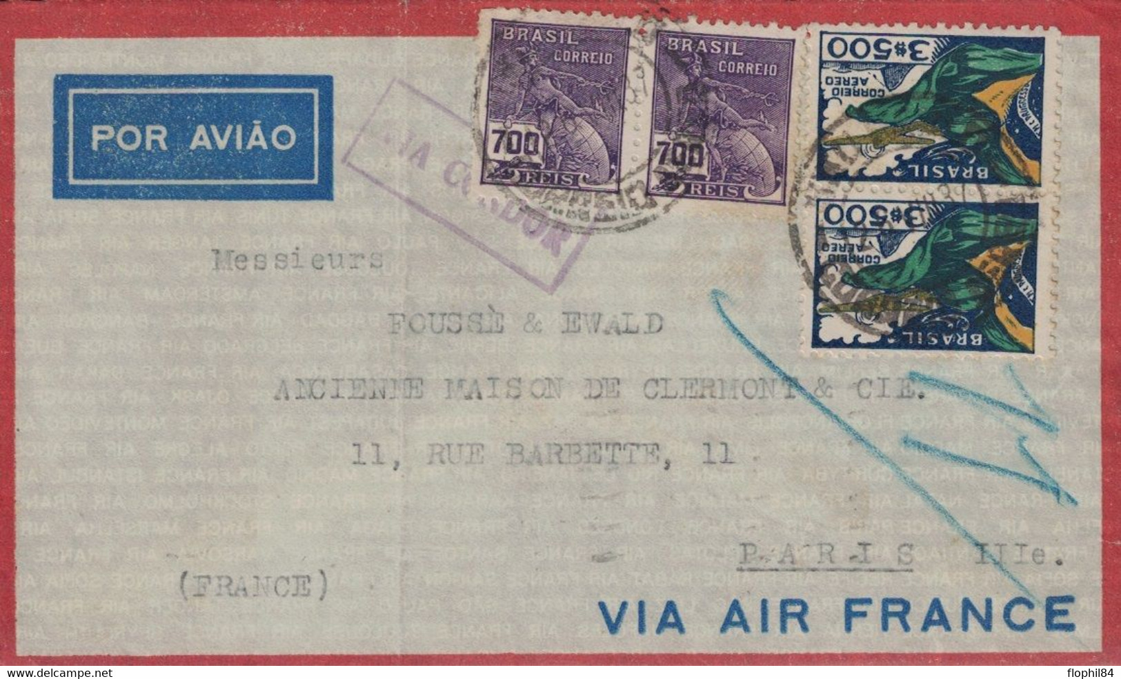 BRESIL - LETTRE POUR LA FRANCE - ENVELOPPE AIR FRANCE - GRIFFE VIOLETTE "VIA CONDOR" - LE 29-8-1937. - Posta Aerea