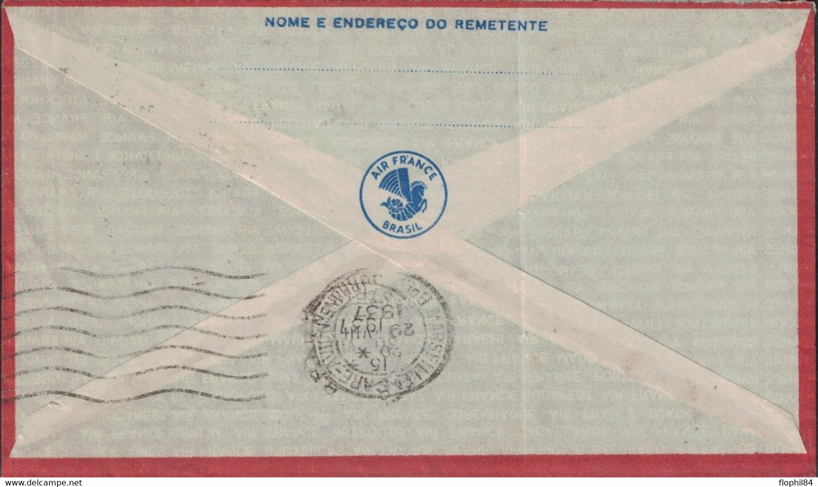 BRESIL - LETTRE POUR LA FRANCE - ENVELOPPE AIR FRANCE - GRIFFE VIOLETTE "VIA CONDOR" - LE 29-8-1937. - Airmail