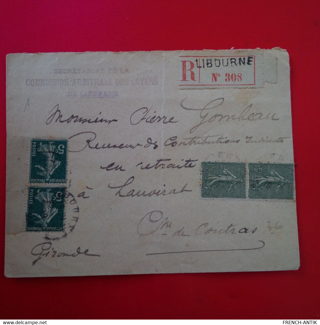 LETTRE RECOMMANDE LIBOURNE POUR LAUVIRAT GIRONDE 1919 - Briefe U. Dokumente