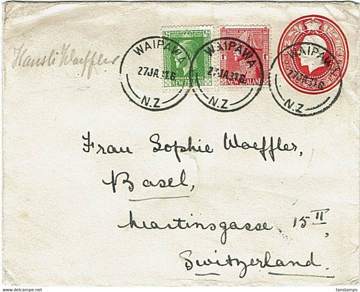 NEW ZEALAND WAIPAWA - SWITZERLAND Uprated KGV Postal Stationery Cover - Brieven En Documenten