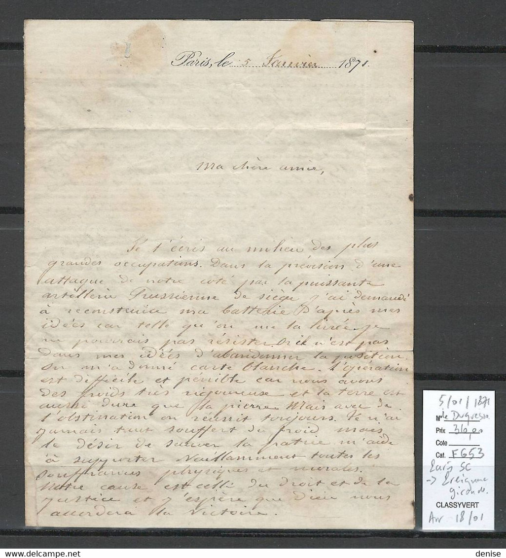 France - BALLON MONTE - 05/01/1871 - LE DUQUESNE - Paris SC Pour PREIGNAC - Gironde - SIGNE BRUN - 1870 Belagerung Von Paris