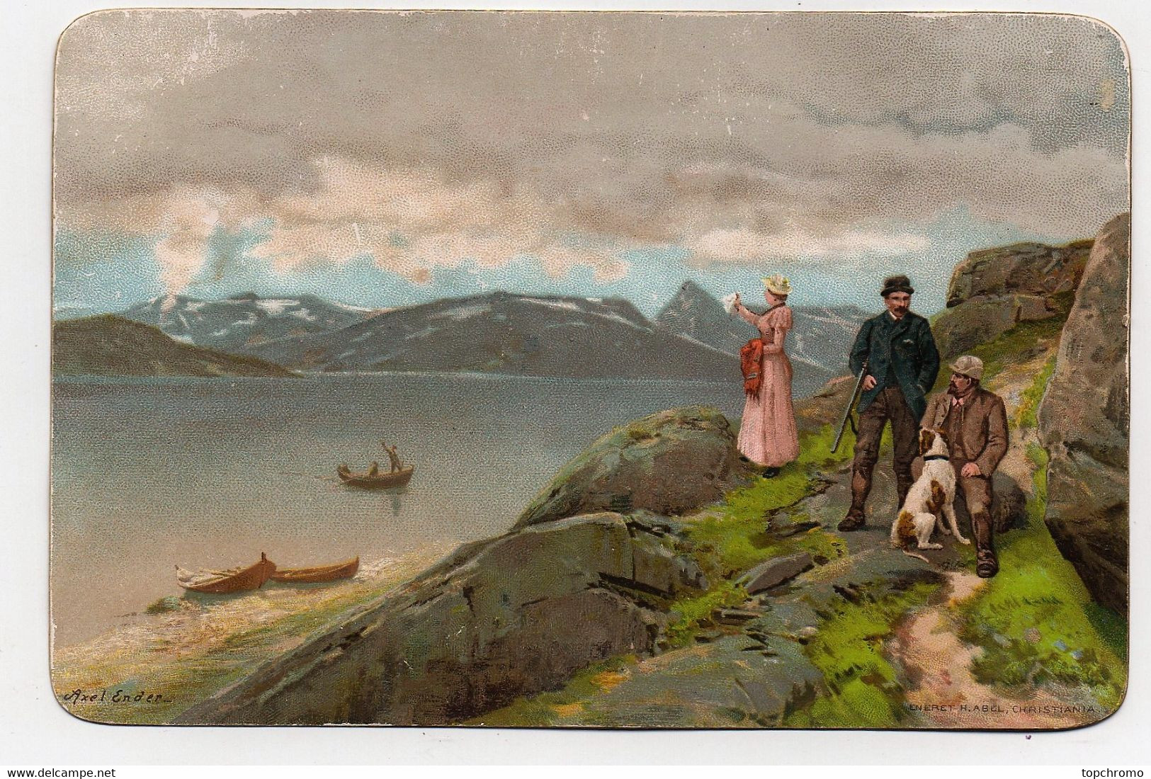Carte Illustrateur Axel Ender Eneret Abel Christiania Norvège Paysage Chasse Chien Lac Barque 1894 - Mich